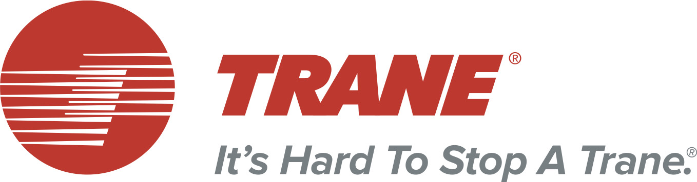 Trane logo with a red circular graphic and the word "TRANE" in bold red letters; below, the HVAC contractor’s slogan reads, "It’s Hard To Stop A Trane.